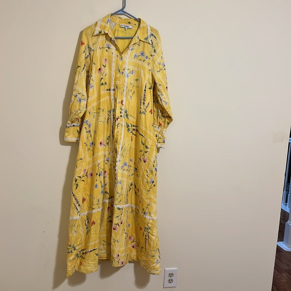 Anthropologie Aureta Aria linen blend Yellow Floral Button-Up Maxi Dress size L - Picture 5 of 13